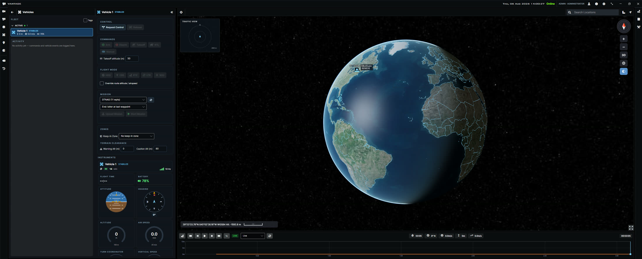 VANTAGE global 3D operating picture with fleet panel and instruments